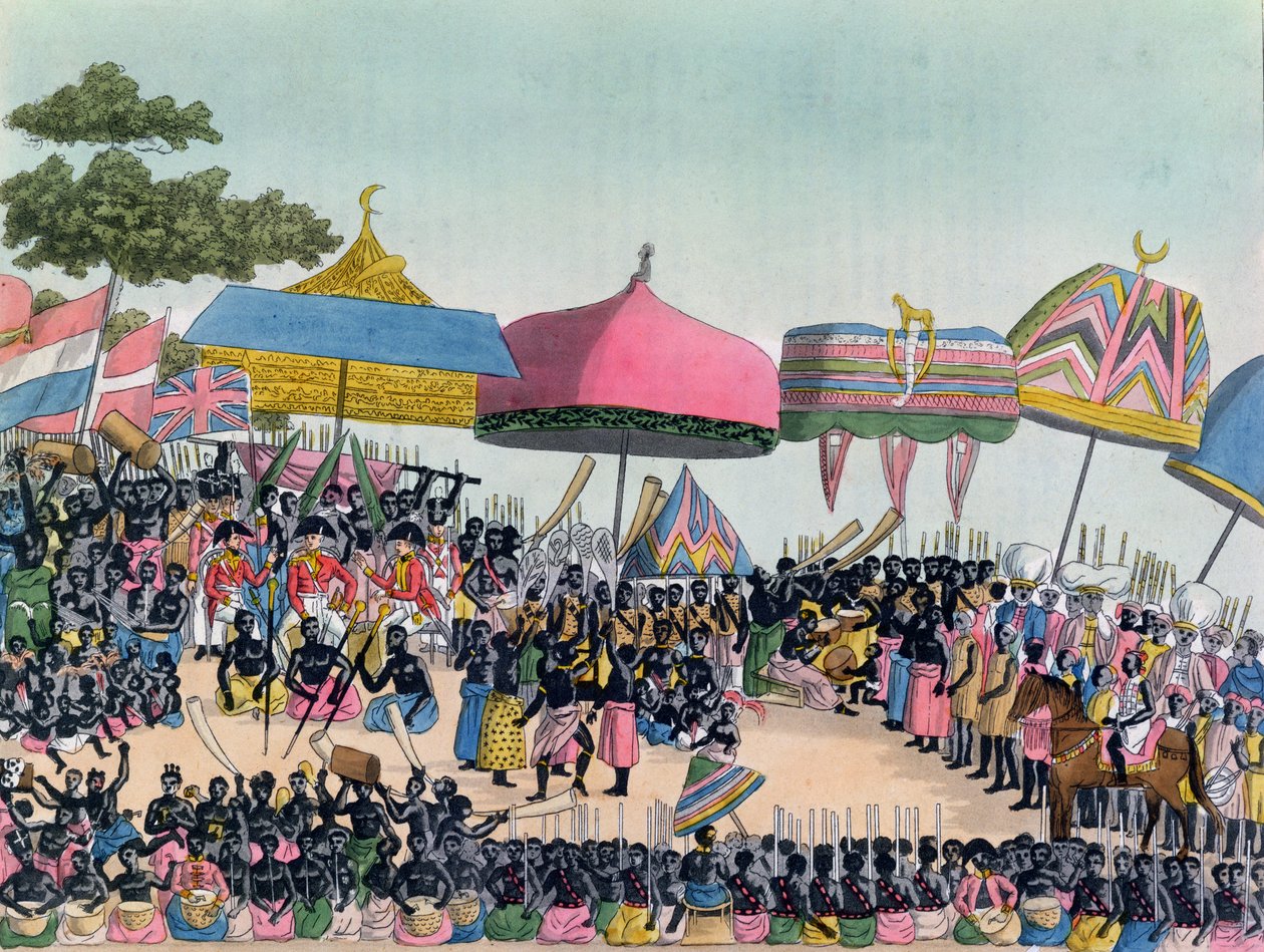 Recepción para el Embajador Inglés celebrada por los Ashanti en Comassi, Ghana, c.1818, grabado por A. Biasioli de European School