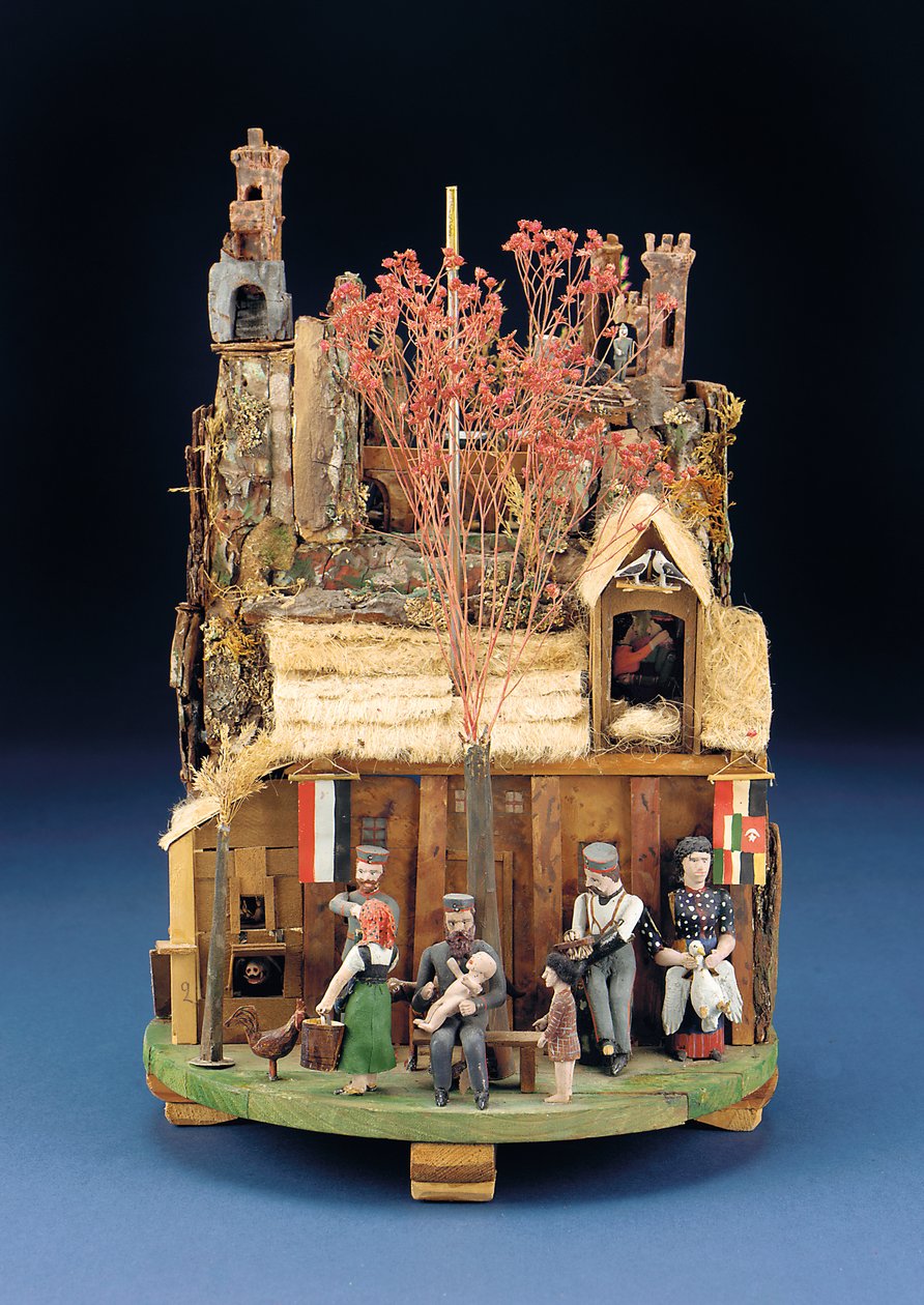 Una escena mecánica militar de soldados, las figuras de madera fuera de una casa de paja, finales del siglo XIX de European School