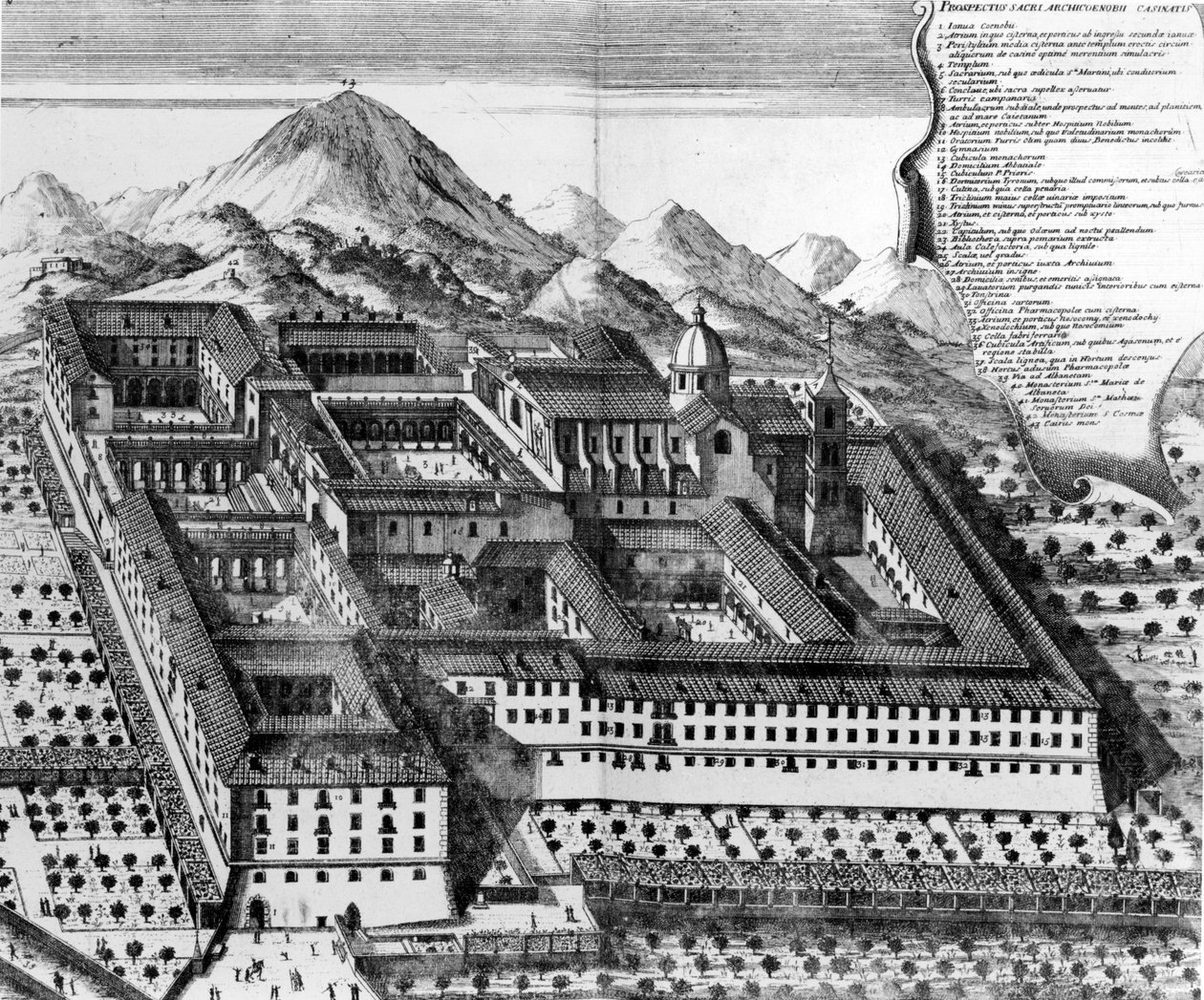 Vista aérea de Monte Cassino, Italia (grabado) de European School
