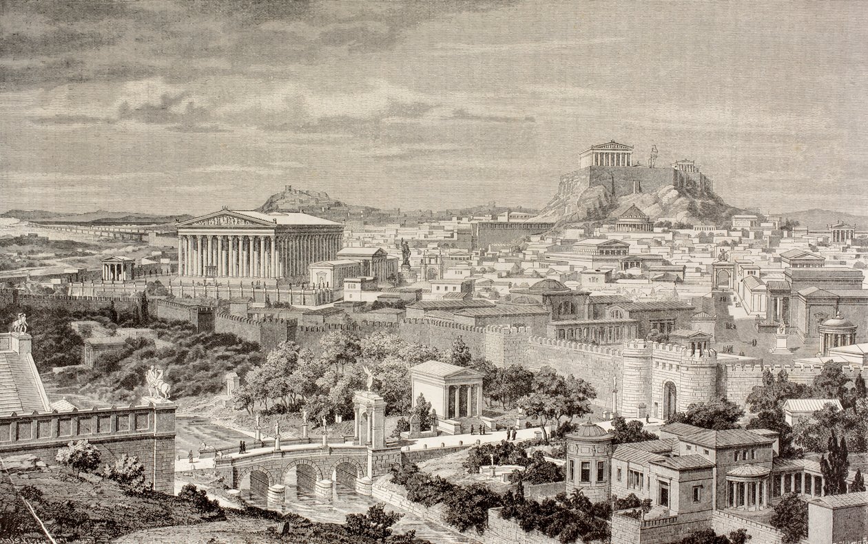 Impresión artística de Atenas, en la época del emperador Adriano, de 
