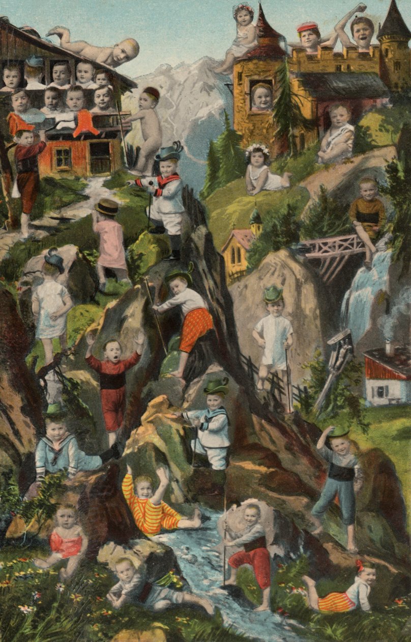 Bebés en la montaña (litografía en color) de European School