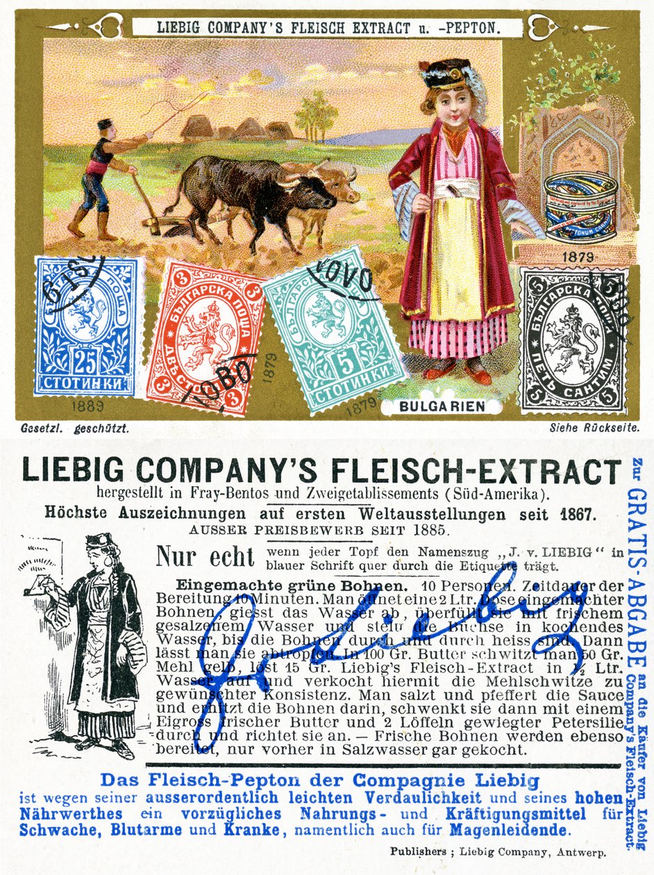 Sellos postales búlgaros, anverso y reverso de una tarjeta promocional de Liebig, 1897 de European School