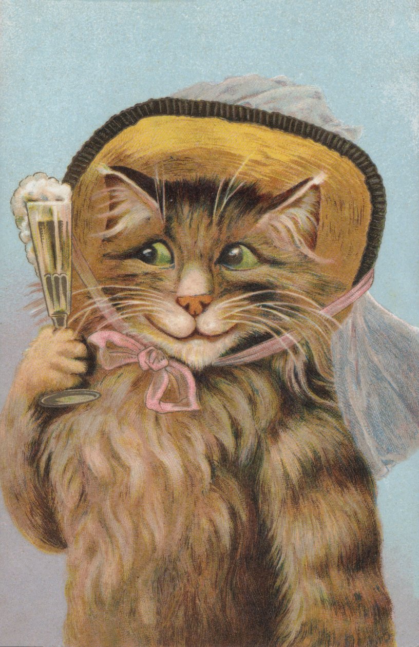 Gato con sombrero y copa de champán (cromolito) de European School