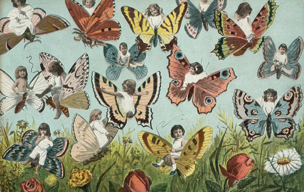Niños como mariposas (litografía en color) de European School
