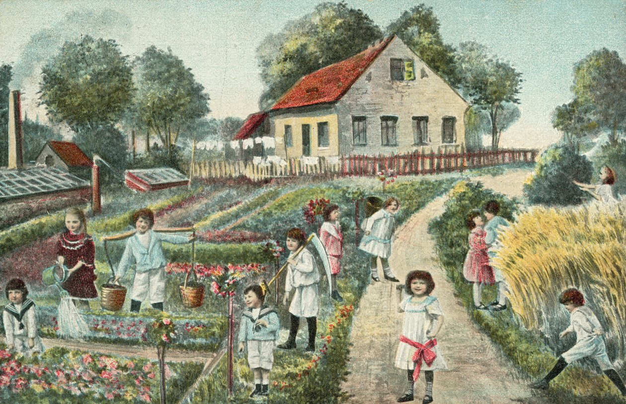 Niños en un jardín o huerto (litografía en color) de European School