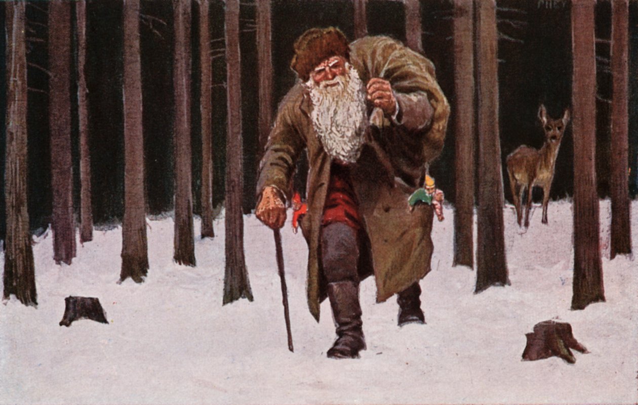 Tarjeta de Navidad, Papá Noel caminando por la nieve con una bolsa de regalos y un ciervo al fondo (litografía en color). de European School