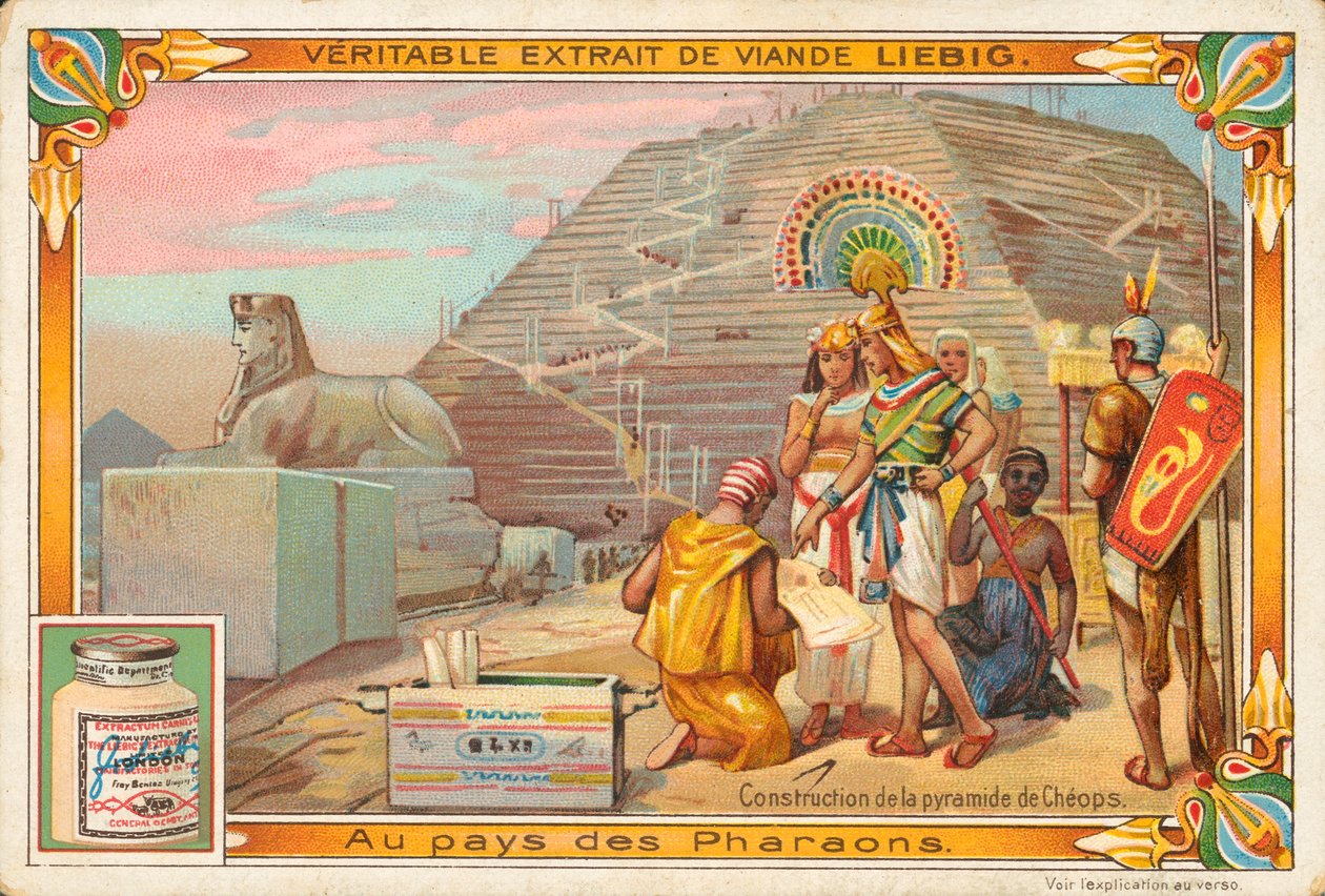 Construcción de la pirámide de Keops, tarjeta Liebig, principios del siglo XX (cromo) de European School