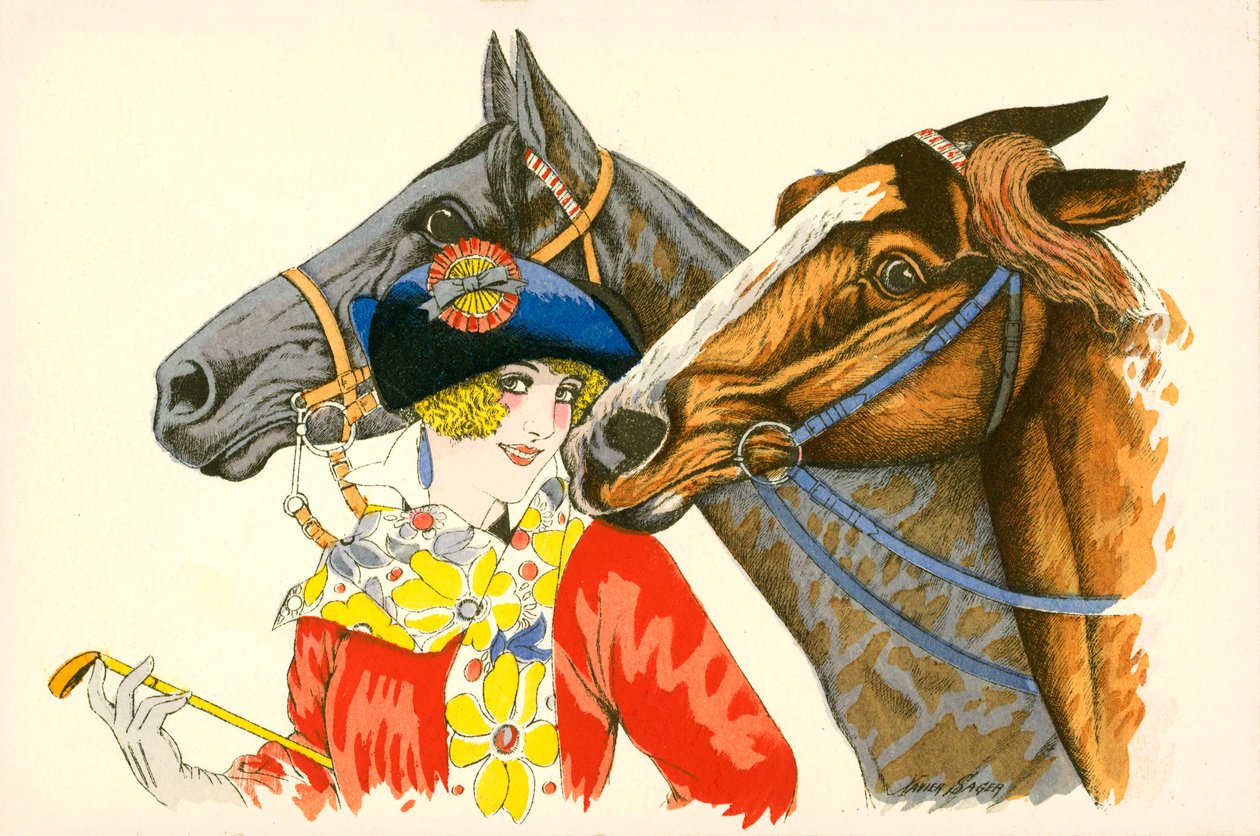 Mujer coqueta, vestida de colores, con una boina con una roseta, con dos caballos (litografía en color) de European School