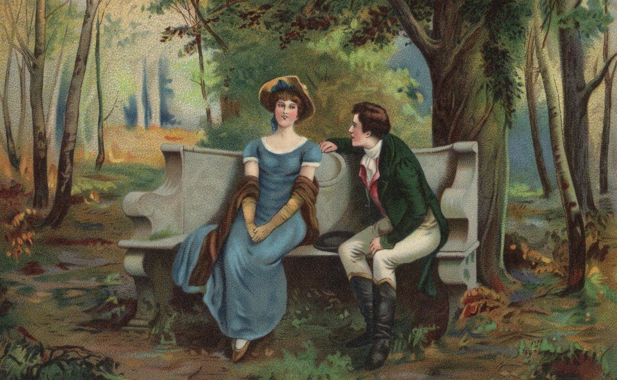 Pareja en un banco (litografía en color) de European School