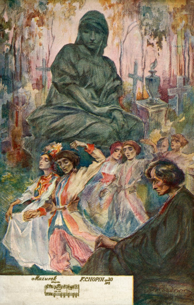 Bailando una mazurca compuesta por Frédéric Chopin (litografía en color) de European School