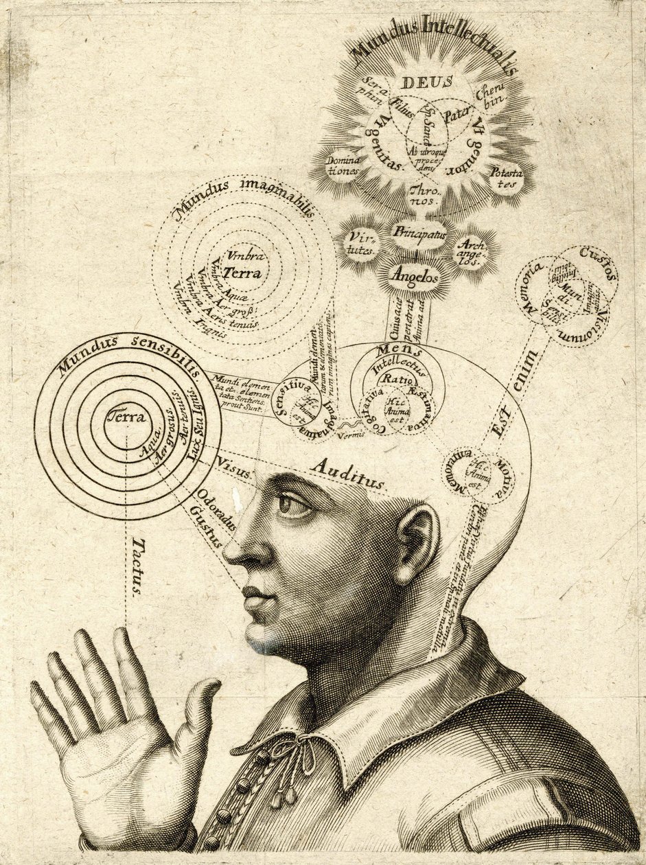 Diagrama del pensamiento humano y los cuatro sentidos, c.1650 (grabado) de European School