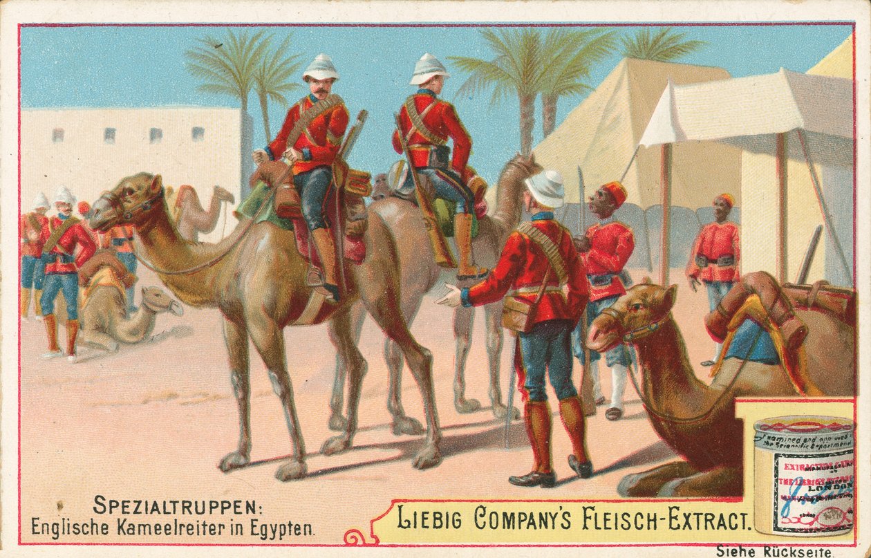 Soldados ingleses en camello, tarjeta Liebig, principios del siglo XX (cromo) de European School