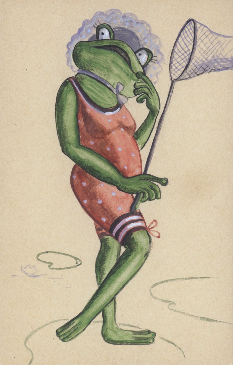 Rana con traje de baño y red de pesca (litografía en color) de European School