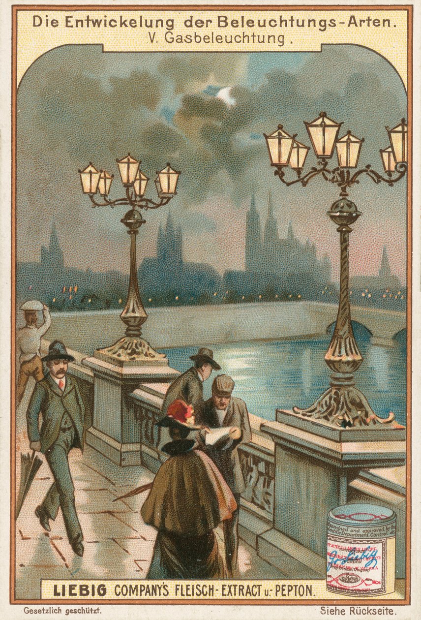 Luces de gas, tarjeta Liebig, principios del siglo XX (cromo) de European School