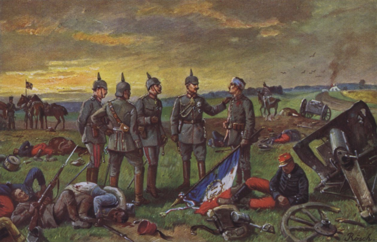 Soldados alemanes en el campo de batalla tras una victoria sobre los franceses, Guerra Franco-Prusiana de European School