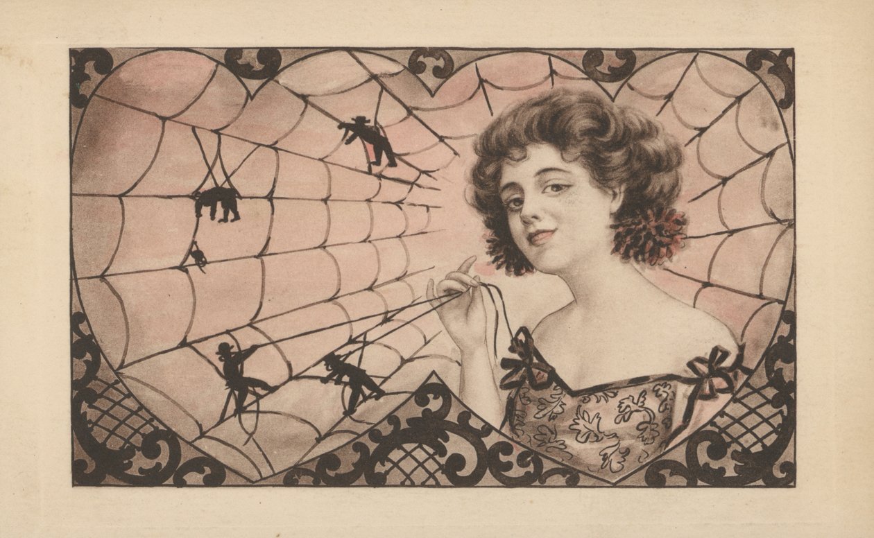 Niña capturando hombres en su tela de araña (litografía en color) de European School