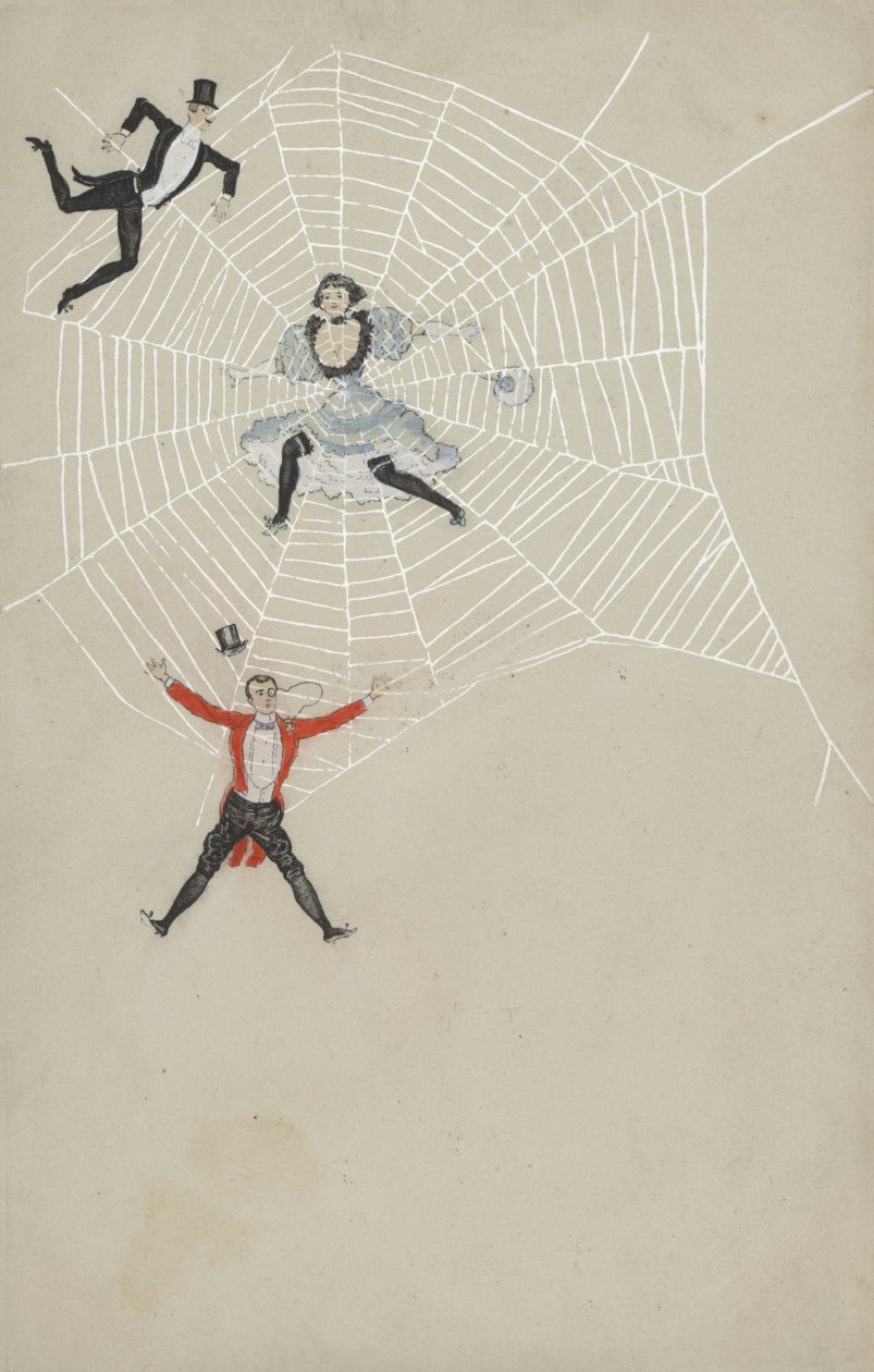 Chica atrapando hombres en una tela de araña (litografía en color) de European School