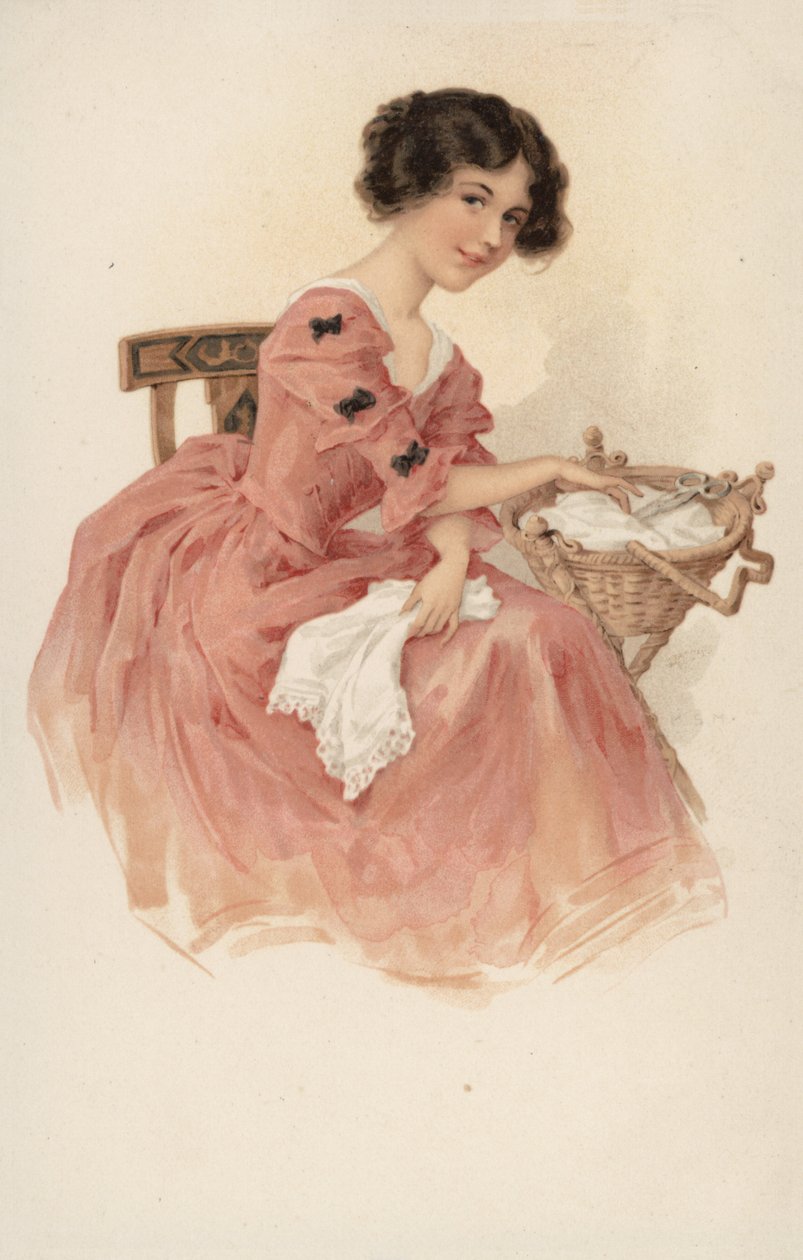Niña de rosa con cesta de costura (litografía en color) de European School