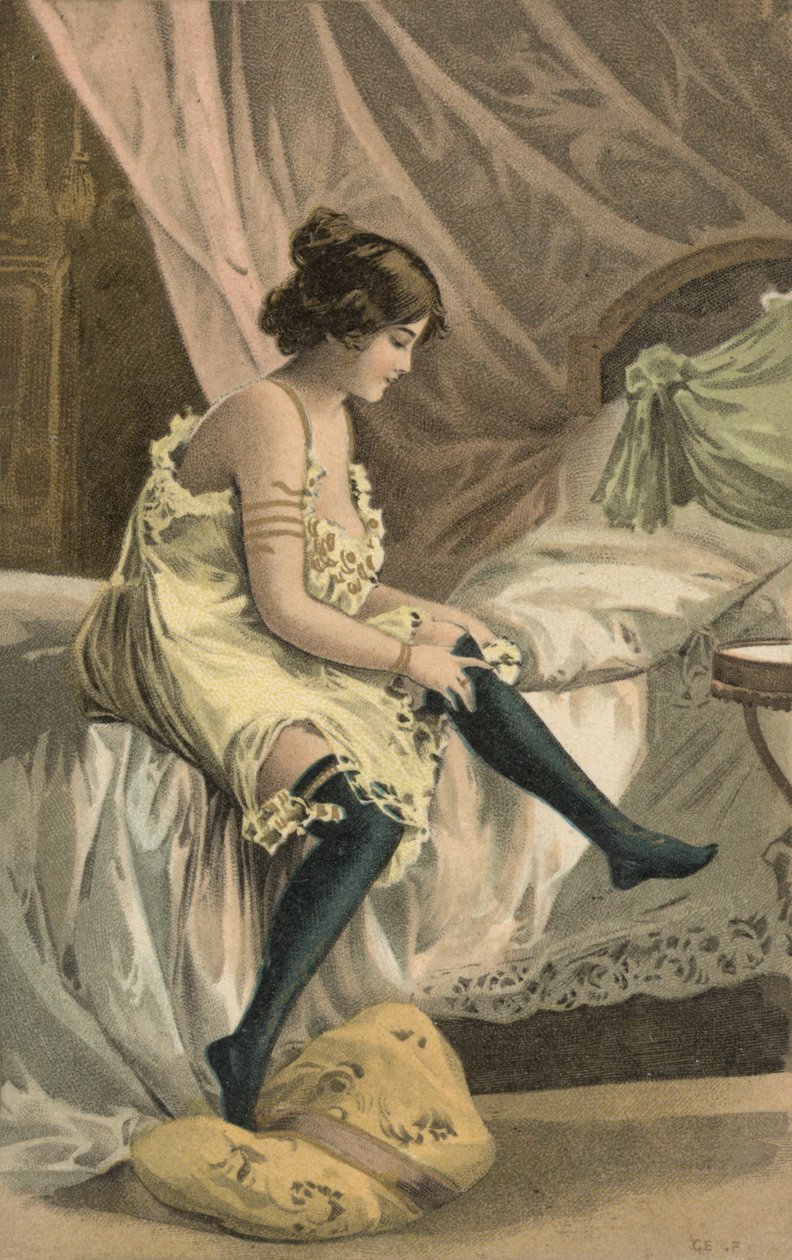 Niña poniéndose medias (litografía en color) de European School
