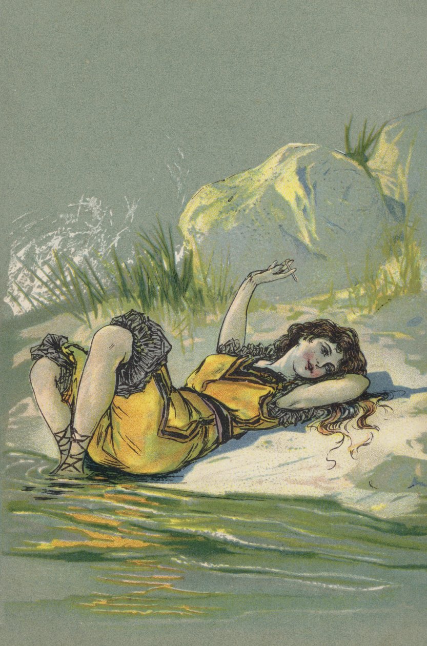 Chica tumbada en una playa o a orillas de un río (litografía en color) de European School