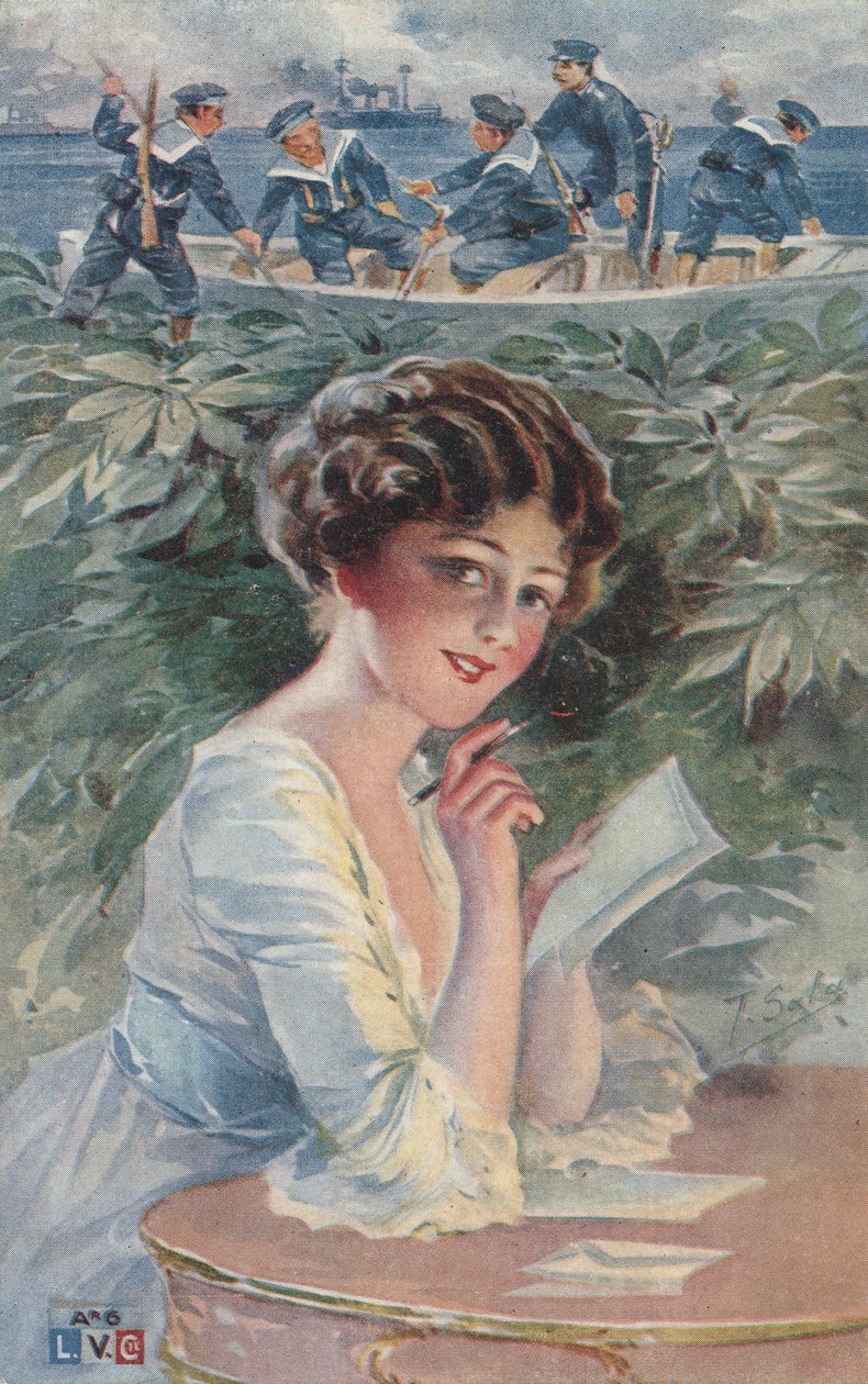Niña escribiendo a un marinero (litografía en color) de European School