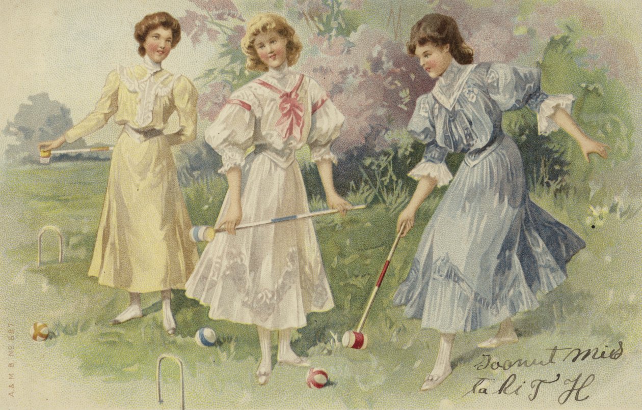 Niñas jugando al croquet (cromolito) de European School