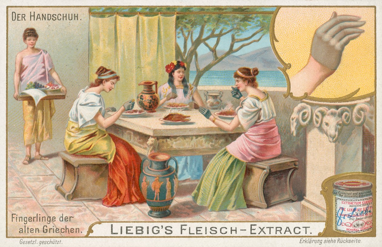 Guantes, tarjeta Liebig, principios del siglo XX (cromo) de European School
