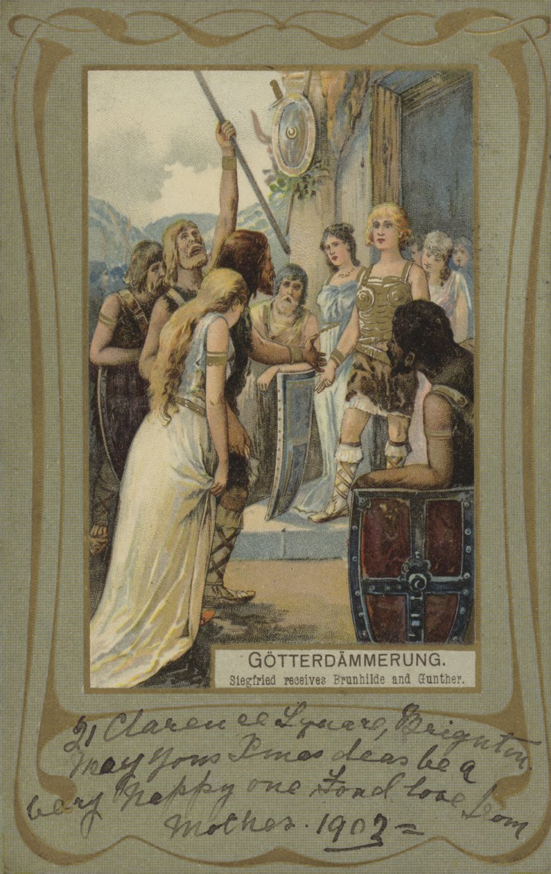 Gotterdammerung, Siegfried recibe a Brunilda y Gunther (litografía en color) de European School