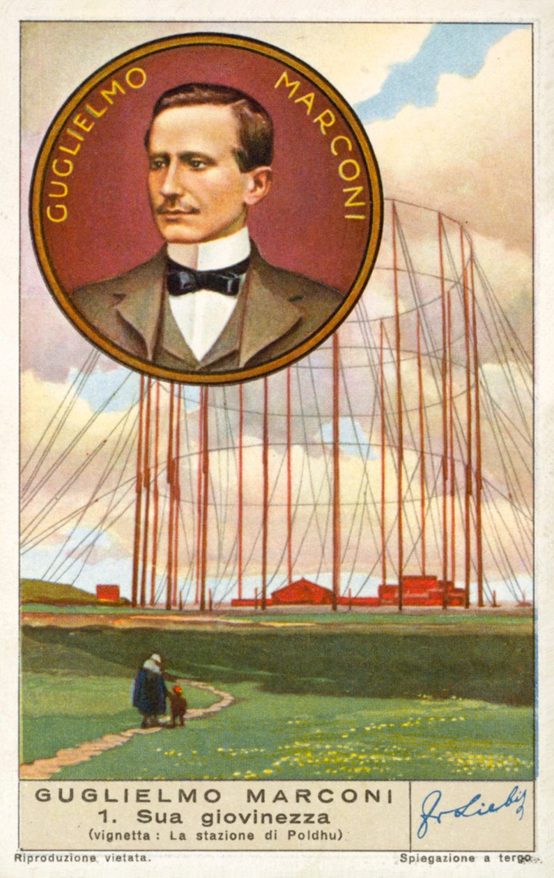 Guglielmo Marconi, inventor y pionero italiano de la radio, y su estación inalámbrica en Poldhu, Cornualles (cromolito) de European School