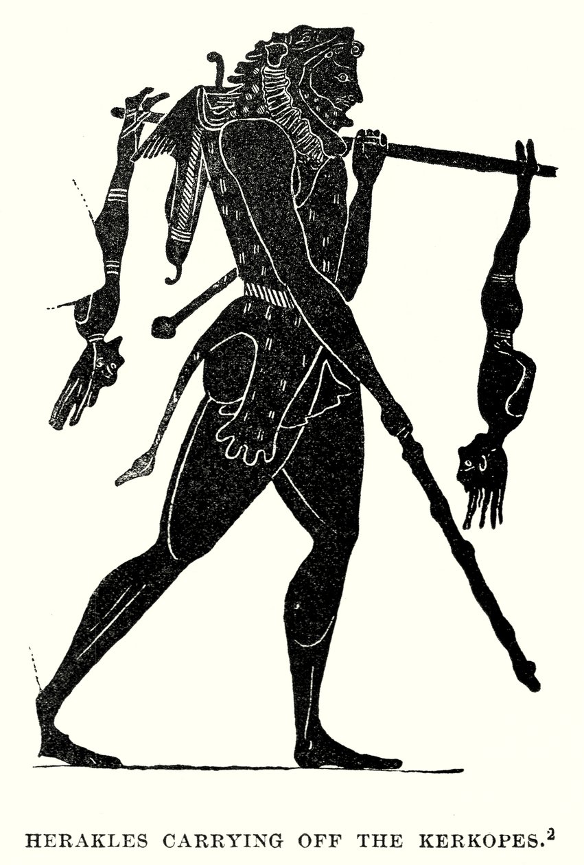 Heracles llevándose las Kerkopes (grabado) de European School