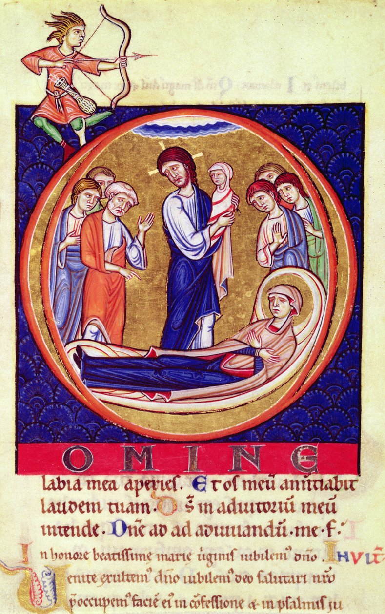 Inicial historiada que representa la muerte de la Virgen, de un manuscrito desconocido, siglo XII-XIII de European School
