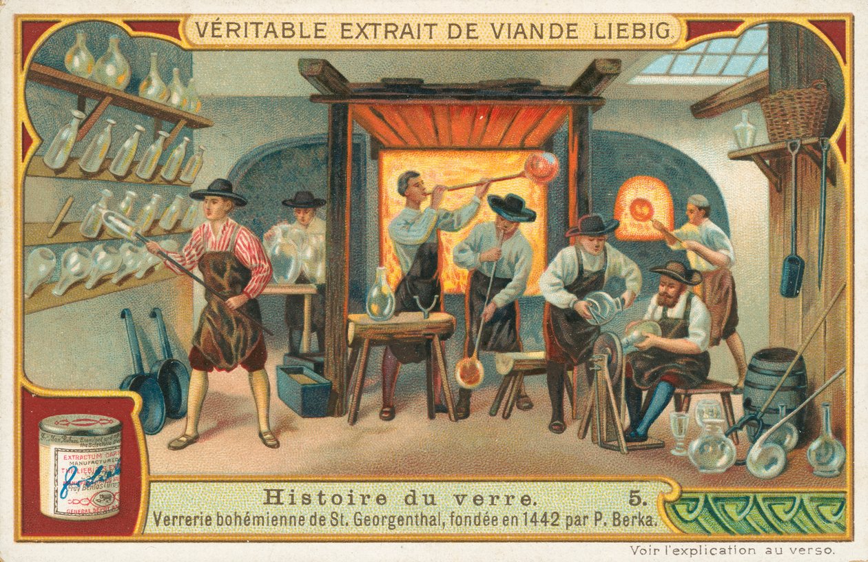 Historia del vidrio, tarjeta Liebig, principios del siglo XX (cromo) de European School