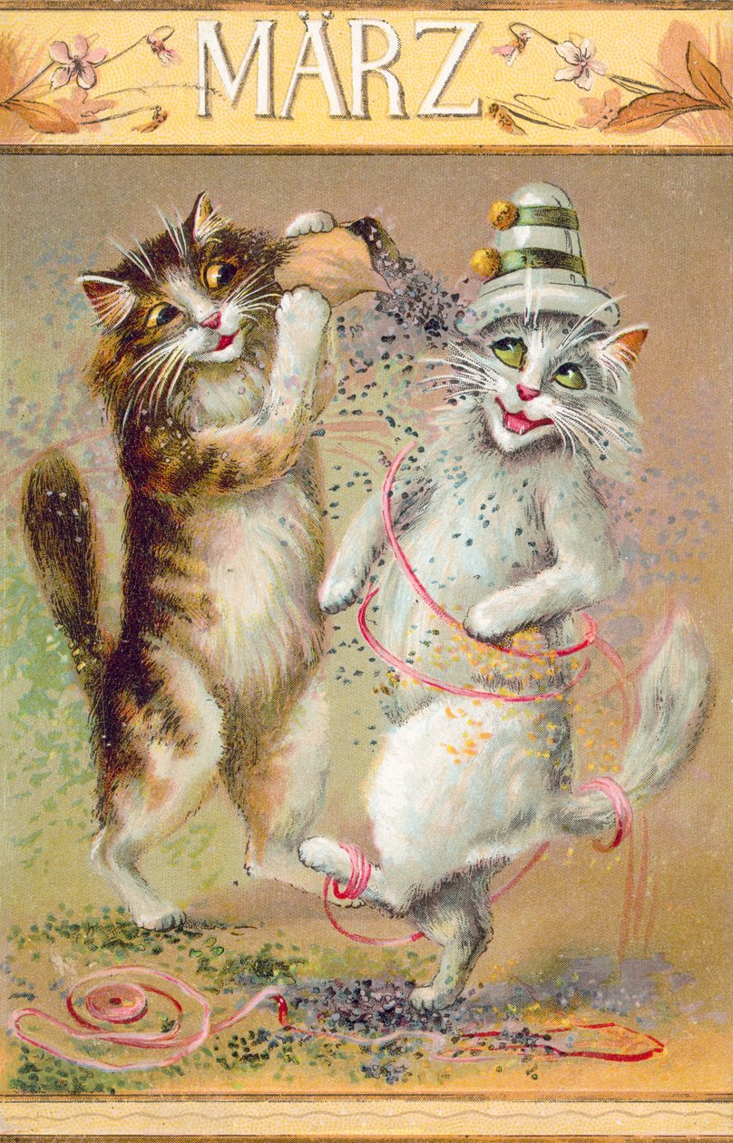 Postal humorística de gatos (litografía en color) de European School