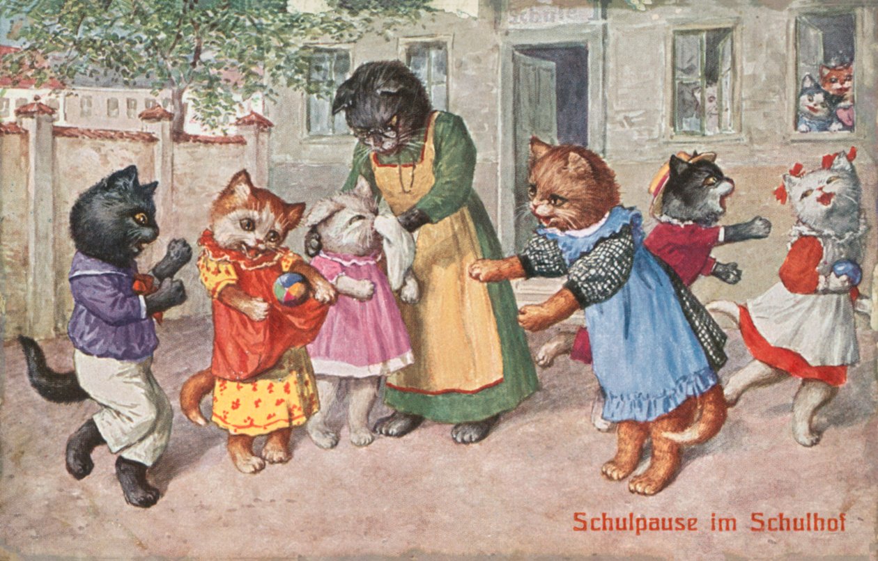 Postal humorística de gatos (litografía en color) de European School