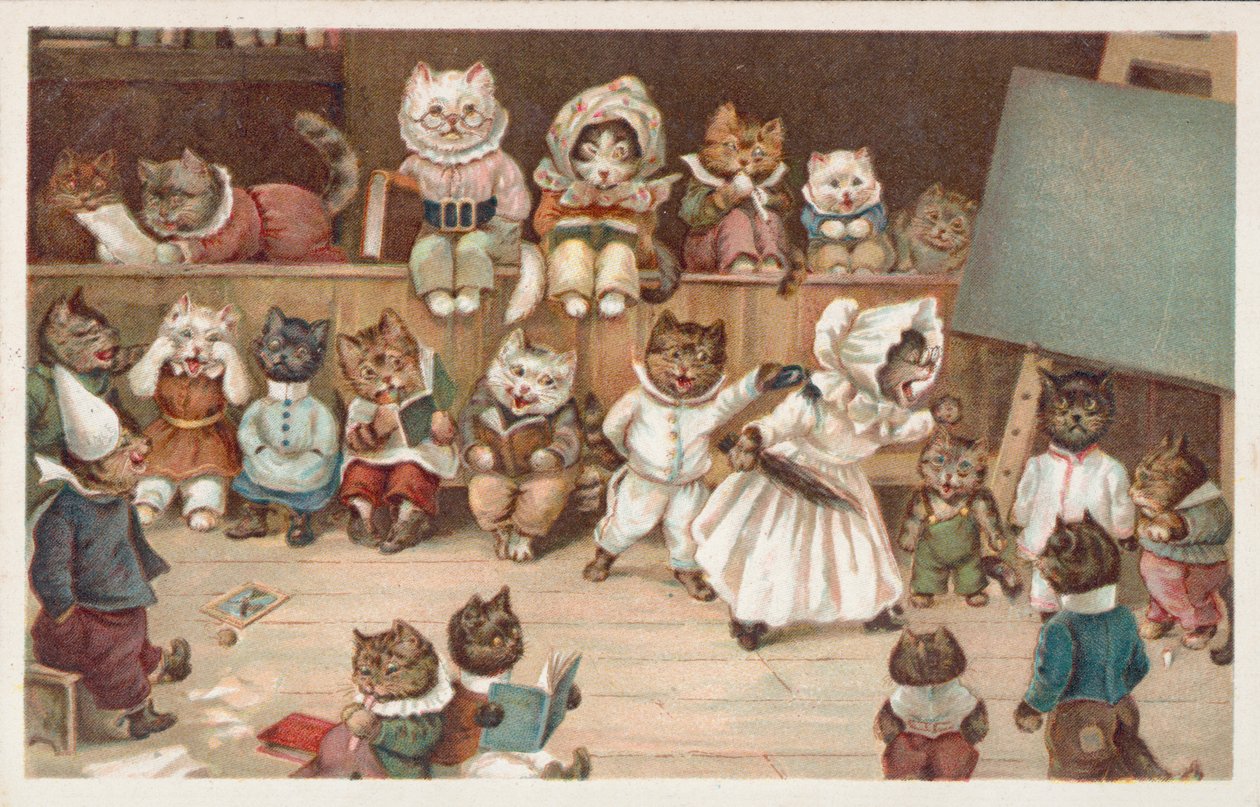 Postal humorística de gatos (litografía en color) de European School