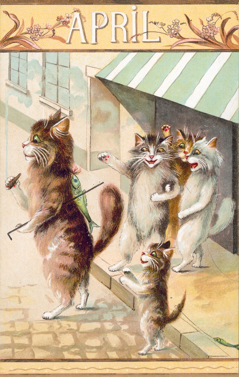 Postal humorística de gatos (litografía en color) de European School