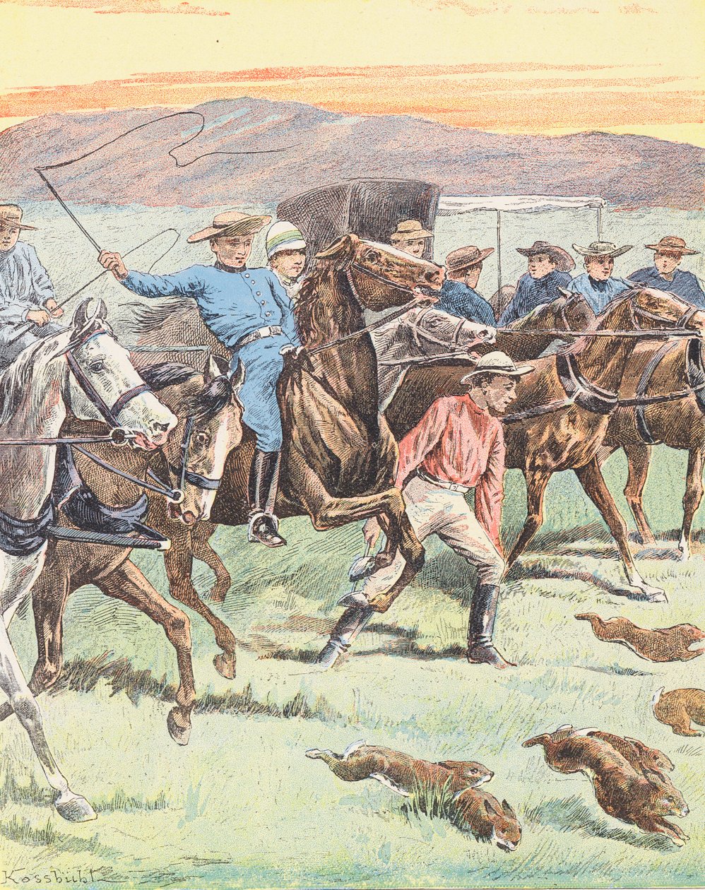 Caza de conejos en Australia (litografía en color) de European School