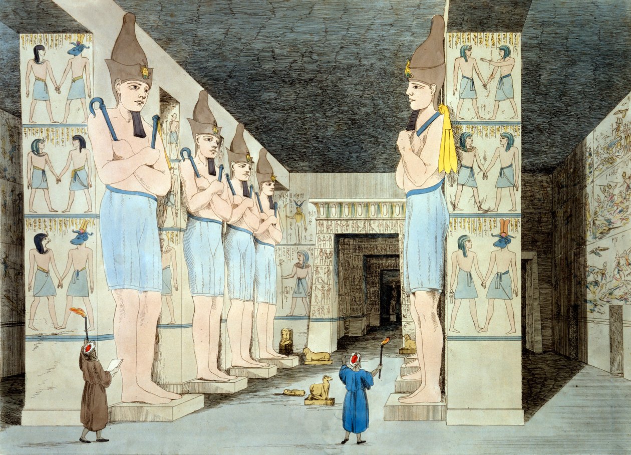 Interior del Templo de Ramsés en Abu Simbel (grabado coloreado) de European School