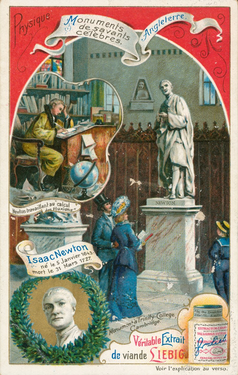 Isaac Newton, tarjeta Liebig, principios del siglo XX (cromo) de European School
