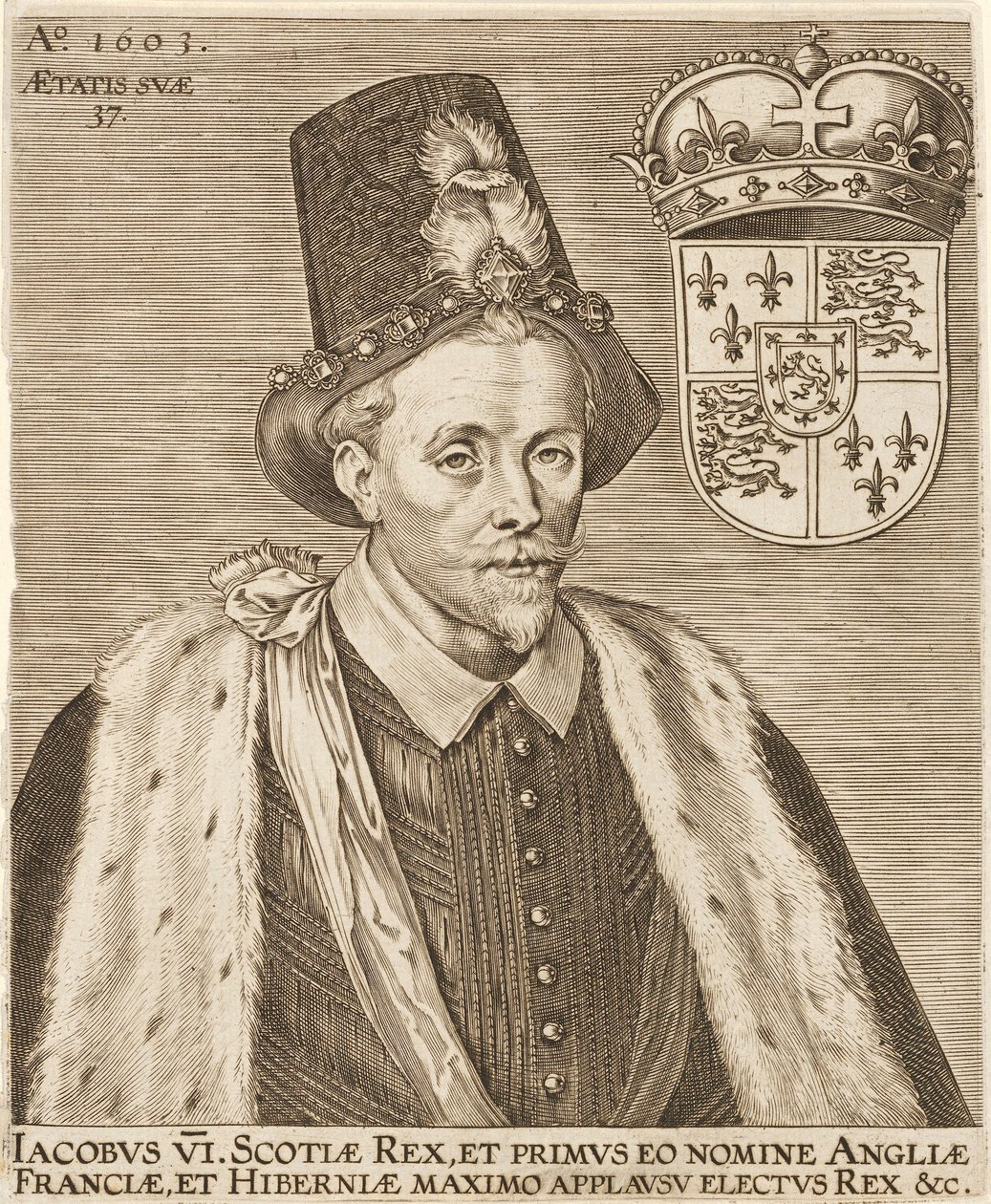Jacobo VI de Escocia y Jacobo I de Inglaterra, pub. 1603 de European School