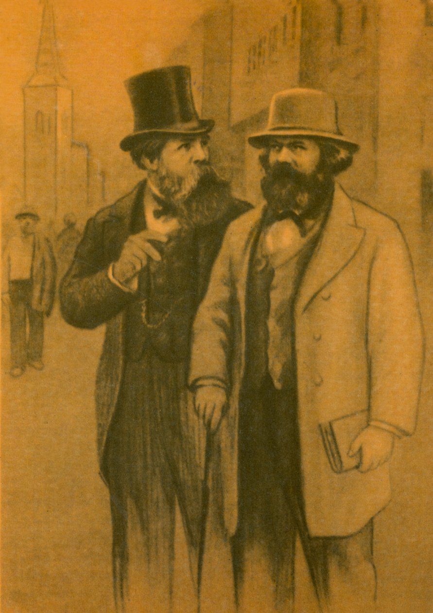 Karl Marx y Friedrich Engels, filósofos y economistas comunistas alemanes (litografía en color) de European School
