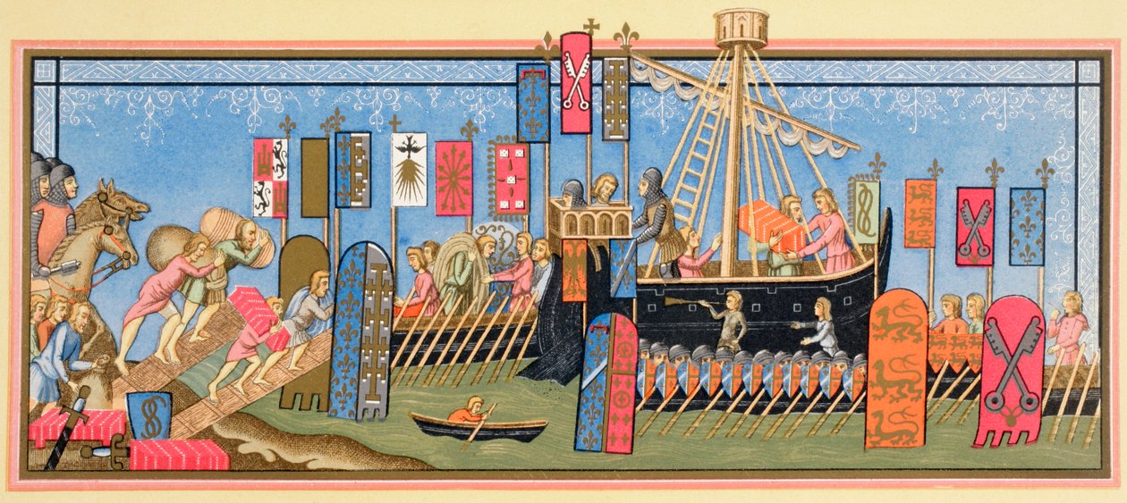 Caballeros del Espíritu Santo embarcando para las Cruzadas, c.1880 de European School