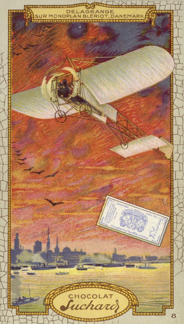 Leon Delagrange en un monoplano Bleriot, Dinamarca (cromolito) de European School