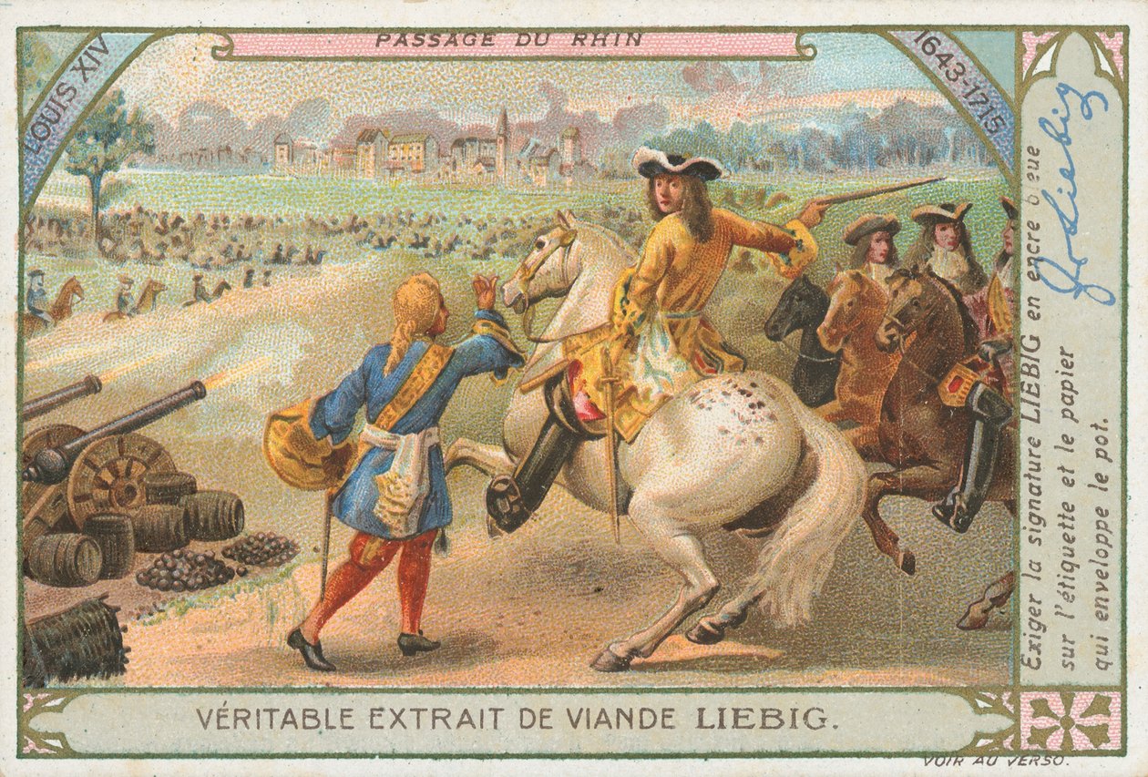 Luis XIV cruzando el Rin, tarjeta Liebig, principios del siglo XX (cromo) de European School