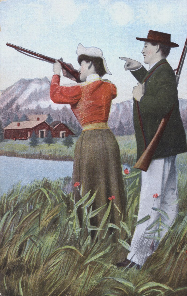 Hombre y mujer disparando (litografía en color) de European School