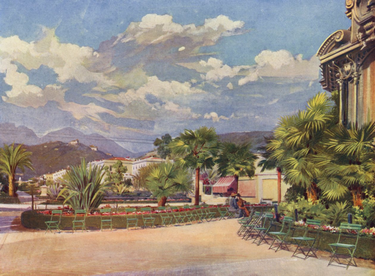 Menton, El quiosco de música y el nuevo jardín (litografía en color) de European School