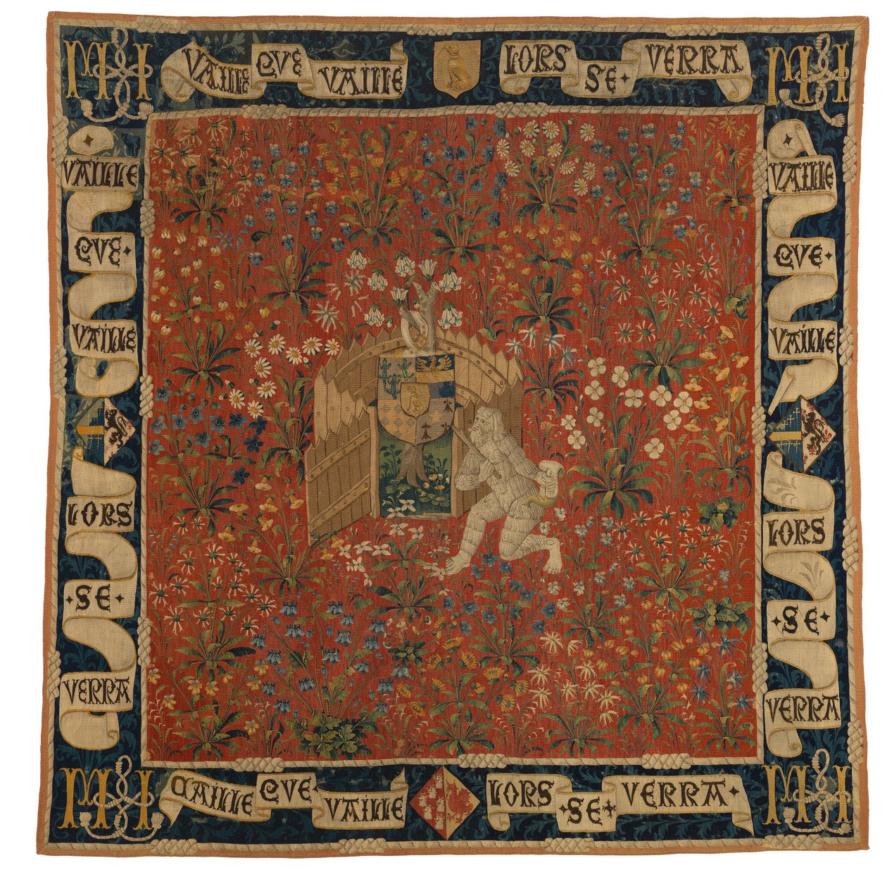 Tapiz Mille fleurs con verdura, escudo de armas y hombre salvaje, c.1500 (lana) de European School