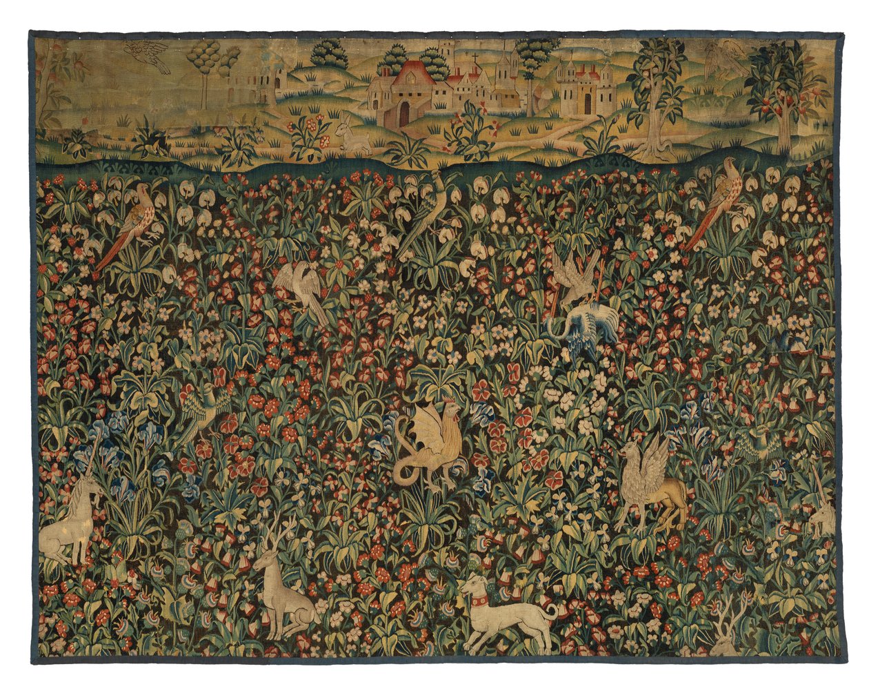 Fragmento de tapiz Mille fleurs con animales, pájaros y paisaje, c.1500 (lana) de European School