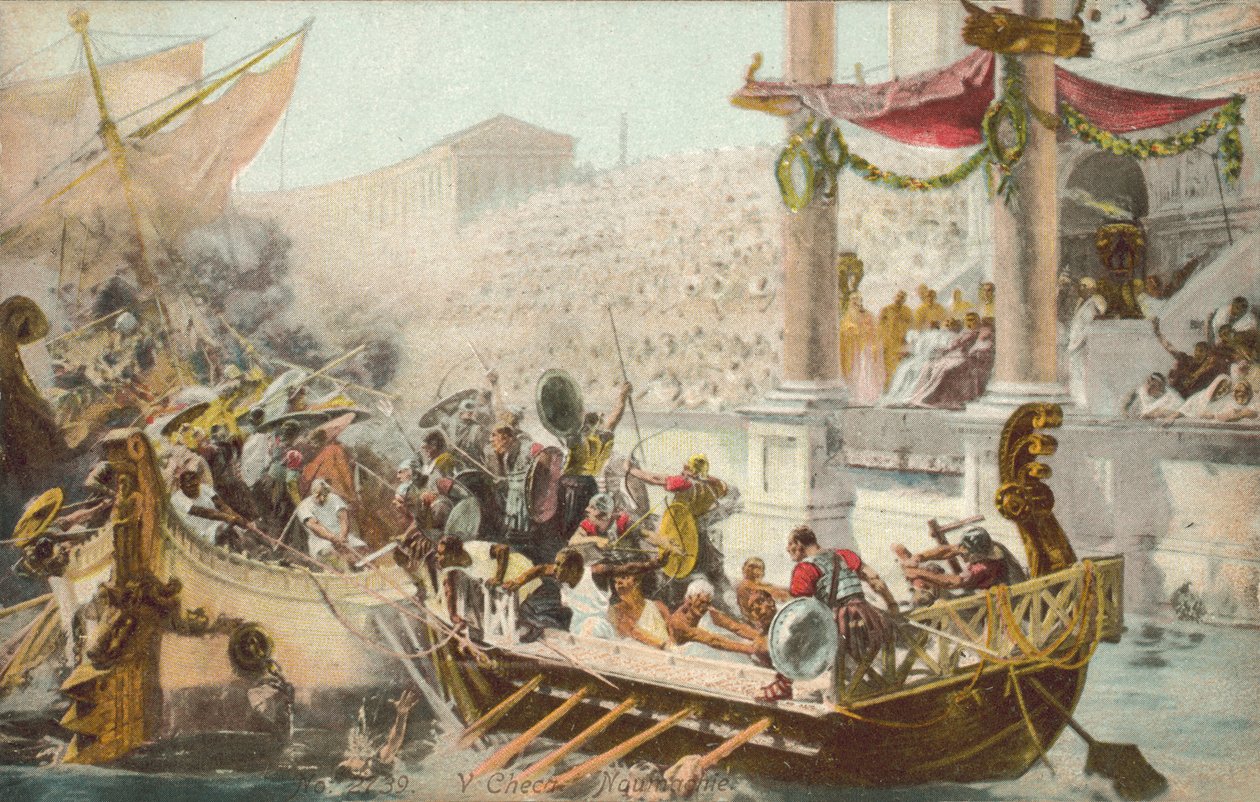 Simulacro de batalla naval en un anfiteatro romano (litografía en color) de European School