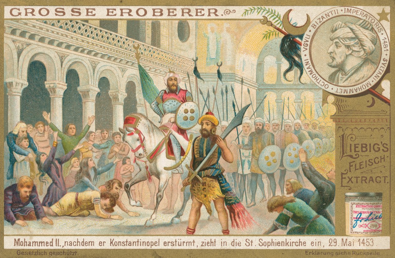 Mahoma II en Constantinopla, tarjeta Liebig, principios del siglo XX (cromo) de European School